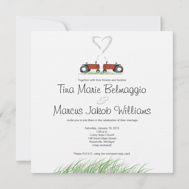 Red Tractor Wedding Invitation (Front)