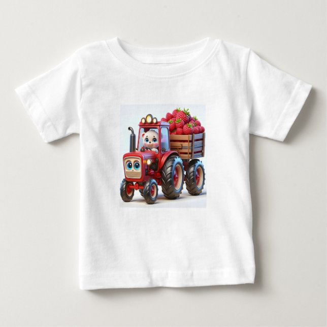 Red Tractor with Bear and Raspberries Baby T-Shirt (Front)