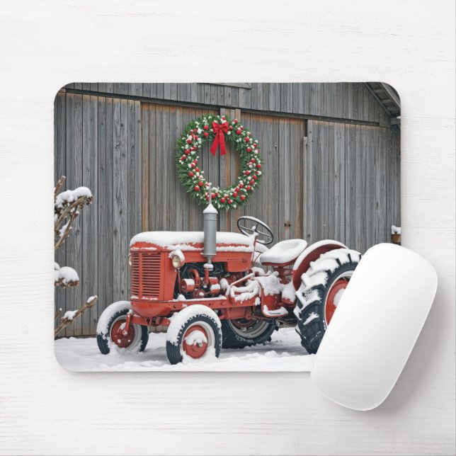 Red Tractor With Christmas Wreath Mouse Pad (With Mouse)