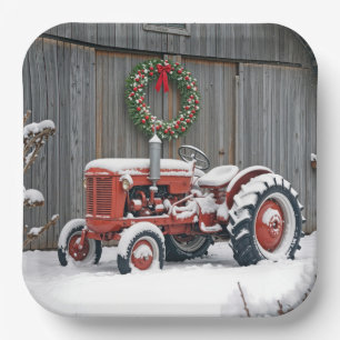 Red Tractor With Christmas Wreath Paper Plate