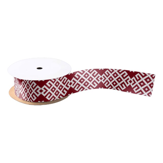 Red traditional Baltic Latvian Pattern Design Satin Ribbon (Spool)