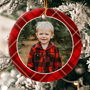 Red Traditional Christmas Plaid Photo Ceramic Tree Decoration