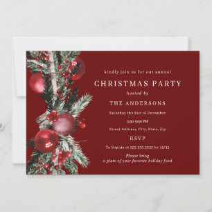 Red Traditional Foliage Christmas Party Invitation