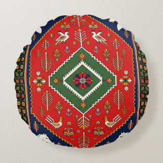 Red Traditional Folk Art Geometric Animal Tapestry Round Cushion