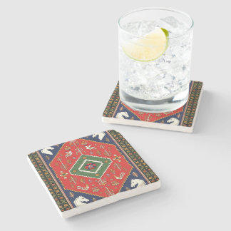Red Traditional Folk Art Geometric Animal Tapestry Stone Coaster