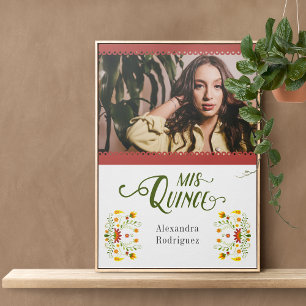 Red Traditional Mexican Floral Photo Quinceanera Poster