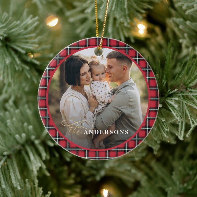 Red traditional tartan personalised christmas ceramic tree decoration (Tree)
