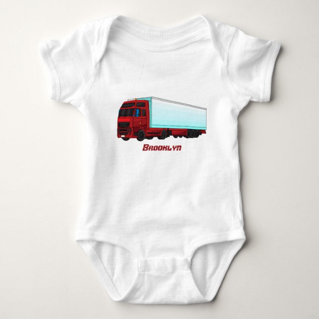 Red trailer truck illustration baby bodysuit (Front)
