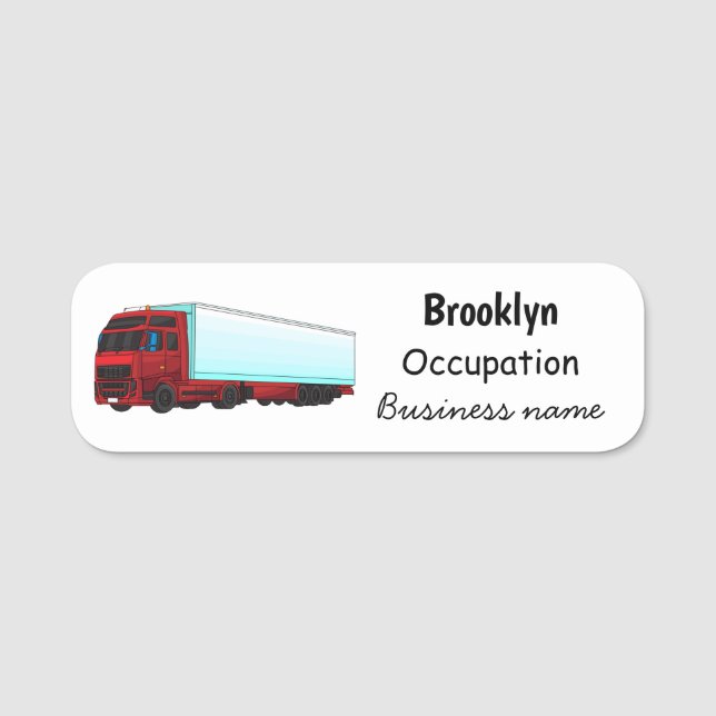 Red trailer truck illustration name tag (Front)