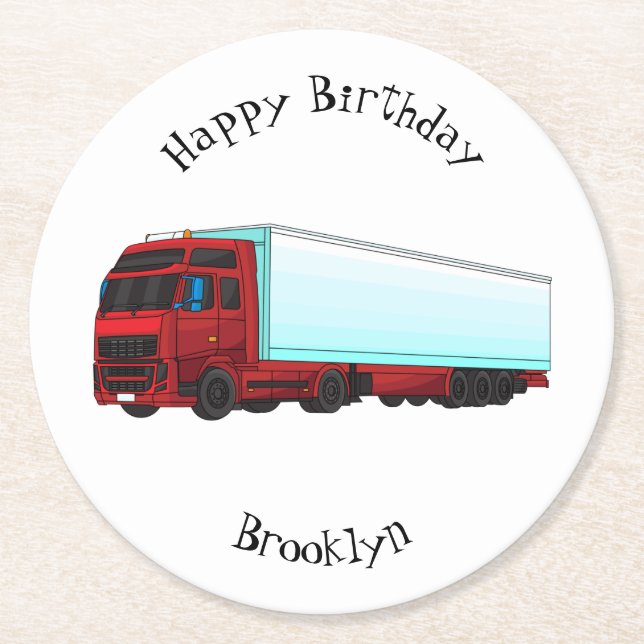 Red trailer truck illustration round paper coaster (Front)