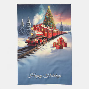 Red Train Christmas Tree Holiday Kitchen Towel