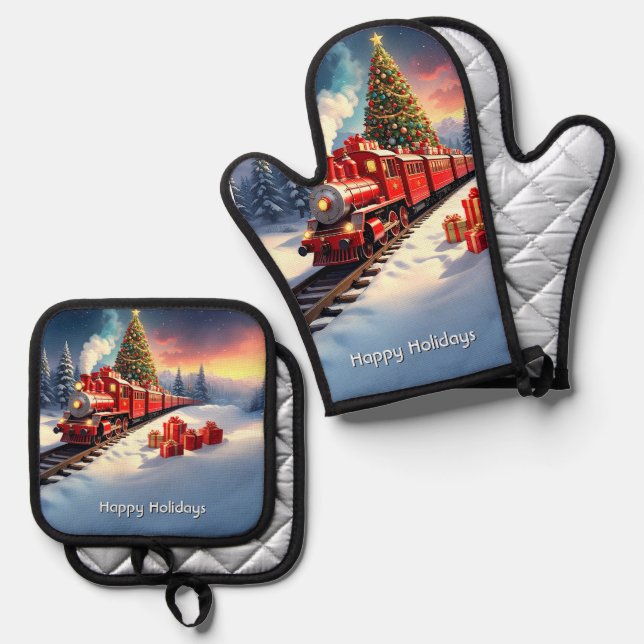 Red Train Christmas Tree Holiday Oven Mitt & Pot Holder Set (Front/Back)