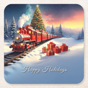 Red Train Christmas Tree Holiday Paper Coaster