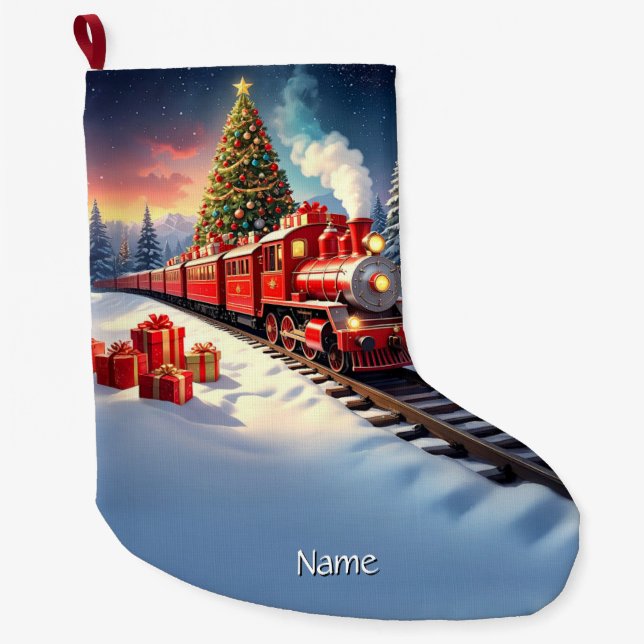 Red Train Christmas Tree Holiday Stocking (Front)