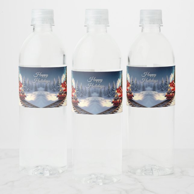 Red Train Christmas Tree Water Bottle Label (Bottles)