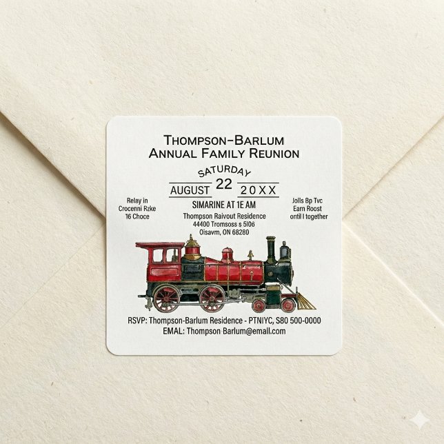 Red Train Family Reunion Invitation Square Sticker (Red Train Family Reunion Invitation Square Sticker)