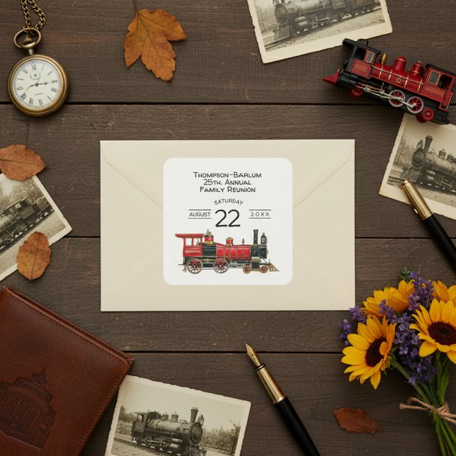 Red Train Family Reunion Square Sticker (Red Train Family Reunion Invitation Square Sticker)