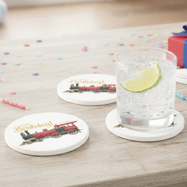 Red Train Happy Birthday Sandstone Coaster (Red Train Happy Birthday Sandstone Coaster)