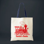Red train kids named id library tote bag<br><div class="desc">Bright red train boys school library bag. Personalise with your child's name,  perfect for library or school. Currently reads Daniel's Books and Daniel on boiler plate. Uniquely designed by Sarah Trett.</div>