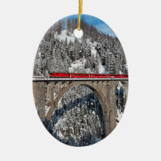 Red Train Pine Snow Covered Mountains Switzerland Ceramic Tree Decoration