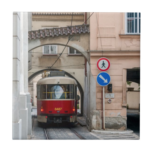 Red tramway in old town of Prague - Czech Republic Tile (Front)