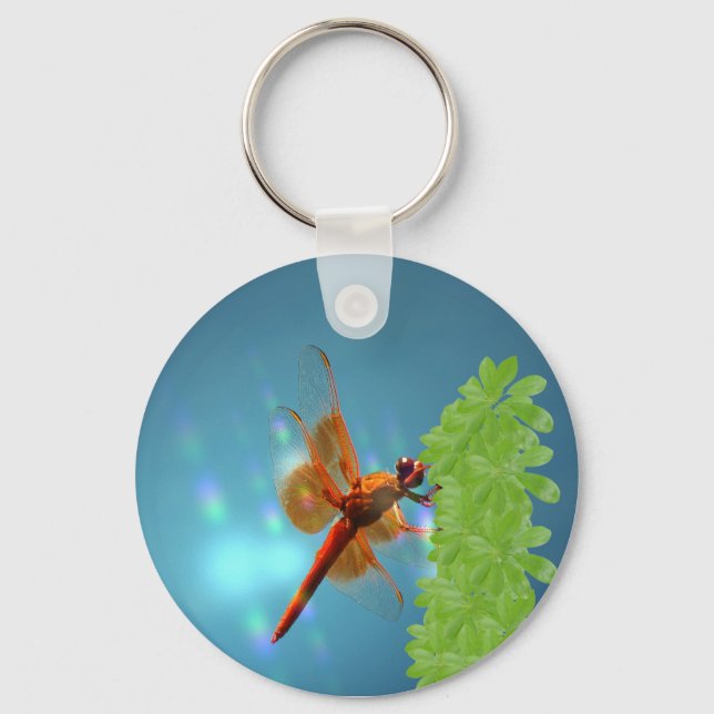 Red Transparent Dragonfly on Umbrella Plant Key Ring (Front)