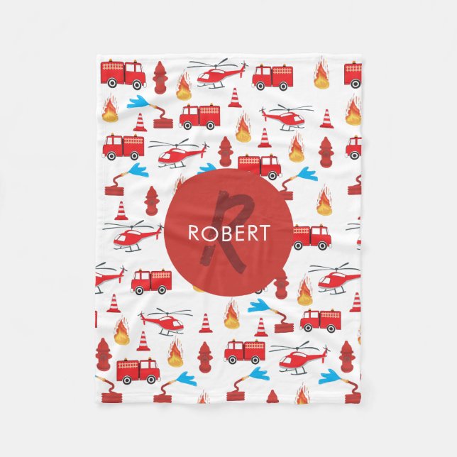 Red Transport Fire Truck Engine Brigade Monogram Fleece Blanket (Front)