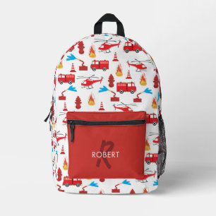 Red Transport Fire Truck Engine Brigade Monogram Printed Backpack