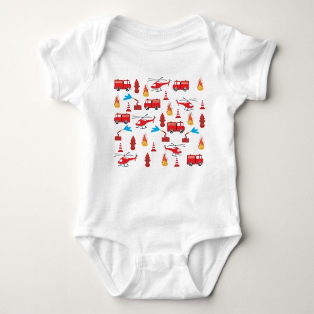 Red Transport Fire Truck Engine Brigade Pattern  Baby Bodysuit (Front)