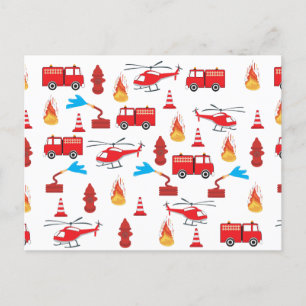 Red Transport Fire Truck Engine Brigade Pattern Holiday Postcard