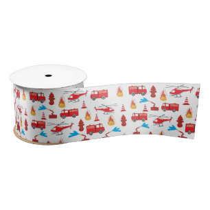 Red Transport Fire Truck Engine Brigade Pattern   Satin Ribbon