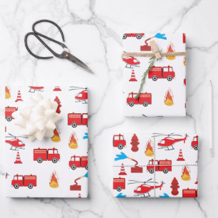 Red Transport Fire Truck Engine Brigade Pattern Wrapping Paper Sheet