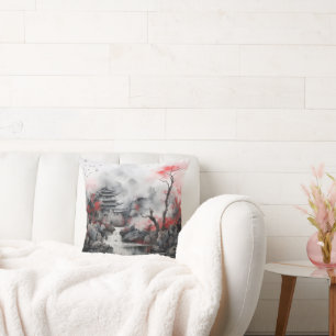 Red Tree and Asian House Cushion