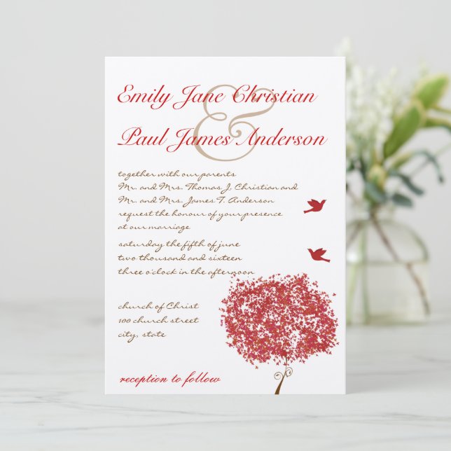 Red Tree Humming Bird  Wedding Invitation (Standing Front)