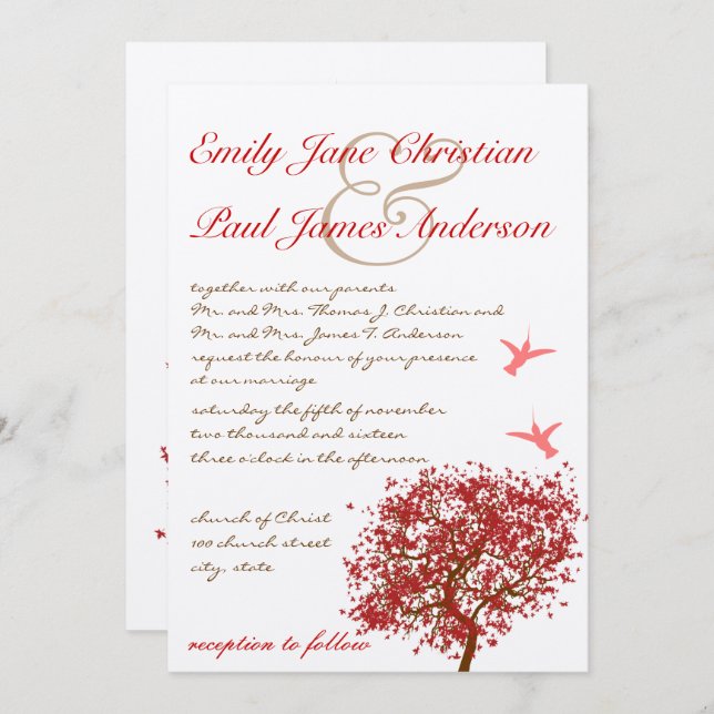 Red Tree Humming Bird  Wedding Invitation (Front/Back)