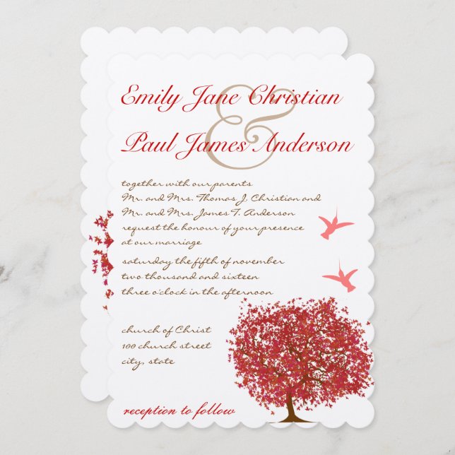 Red Tree Hummingbird  Wedding Invitation (Front/Back)