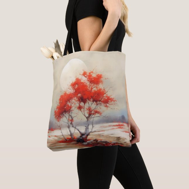 Red Tree Landscape Tote Bag (Close Up)