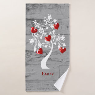 Red Tree of Hearts Personalised Bath Towel Set