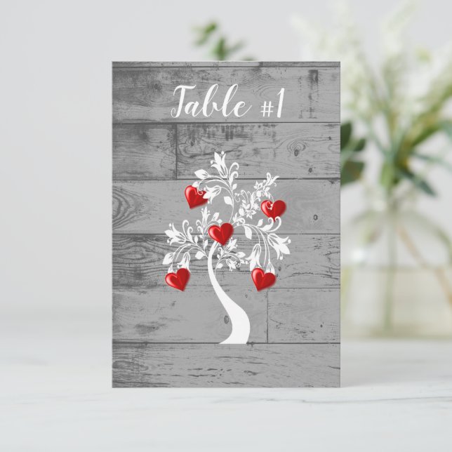 Red Tree of Hearts Wedding Reception Table Card (Standing Front)