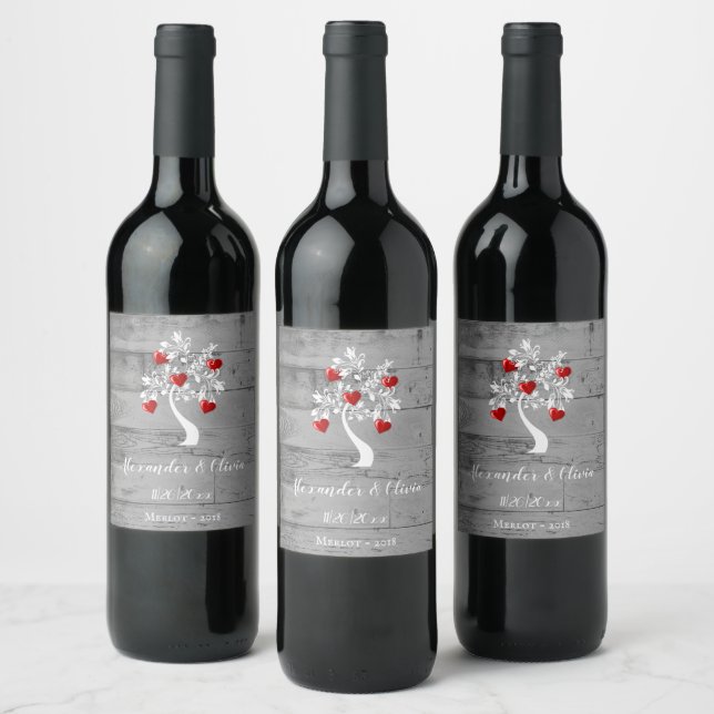 Red Tree of Hearts Wedding Wine Label (Bottles)