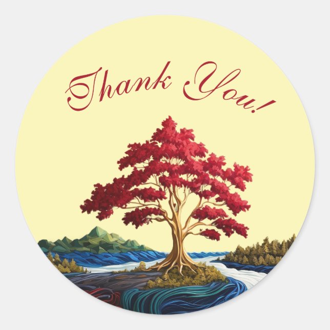 Red Tree River/Forest/Mountains Thank You Stickers (Front)
