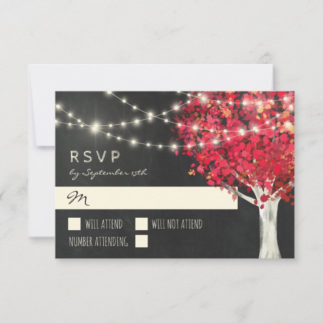 Red Tree & String Lights Autumn Wedding RSVP Card (Front)