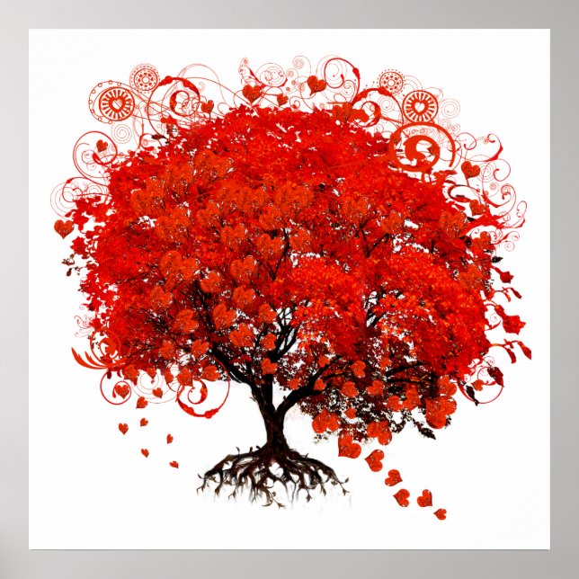 Red Tree With Hearts Leaves Falling Poster (Front)