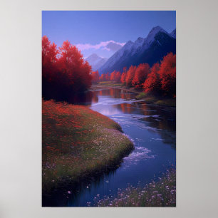 Red Trees and Flowers by the River Poster