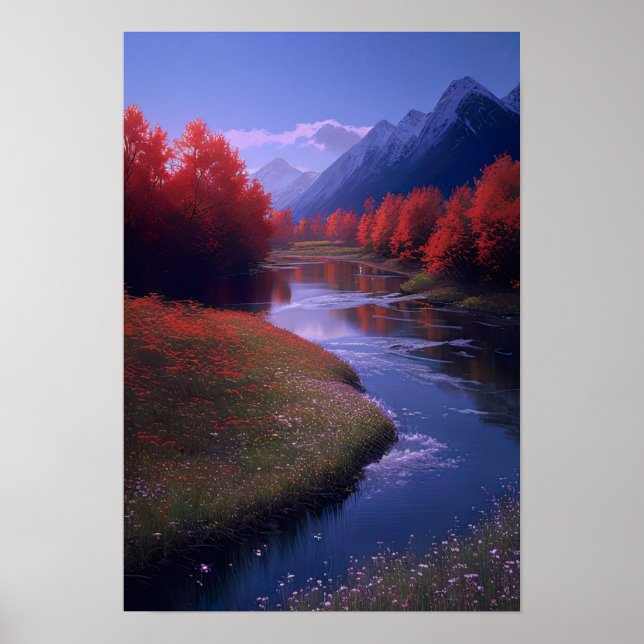 Red Trees and Flowers by the River Poster (Front)