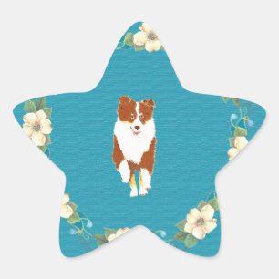 Red Tri running Aussie on Teal Floral Star Sticker