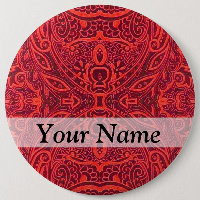 Red tribal damask pattern 6 cm round badge (Front)