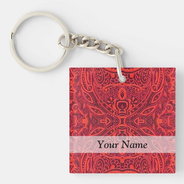 Red tribal damask pattern key ring (Front)