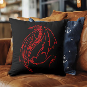 Red Tribal Dragon Black Cushion