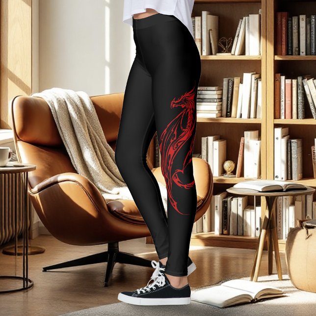 Red Tribal Dragon Black Leggings (Creator Uploaded)